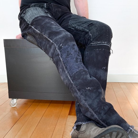 Black Rocker Jeans Acid Wash Metallic Silver Denim - Picture 6 of 16